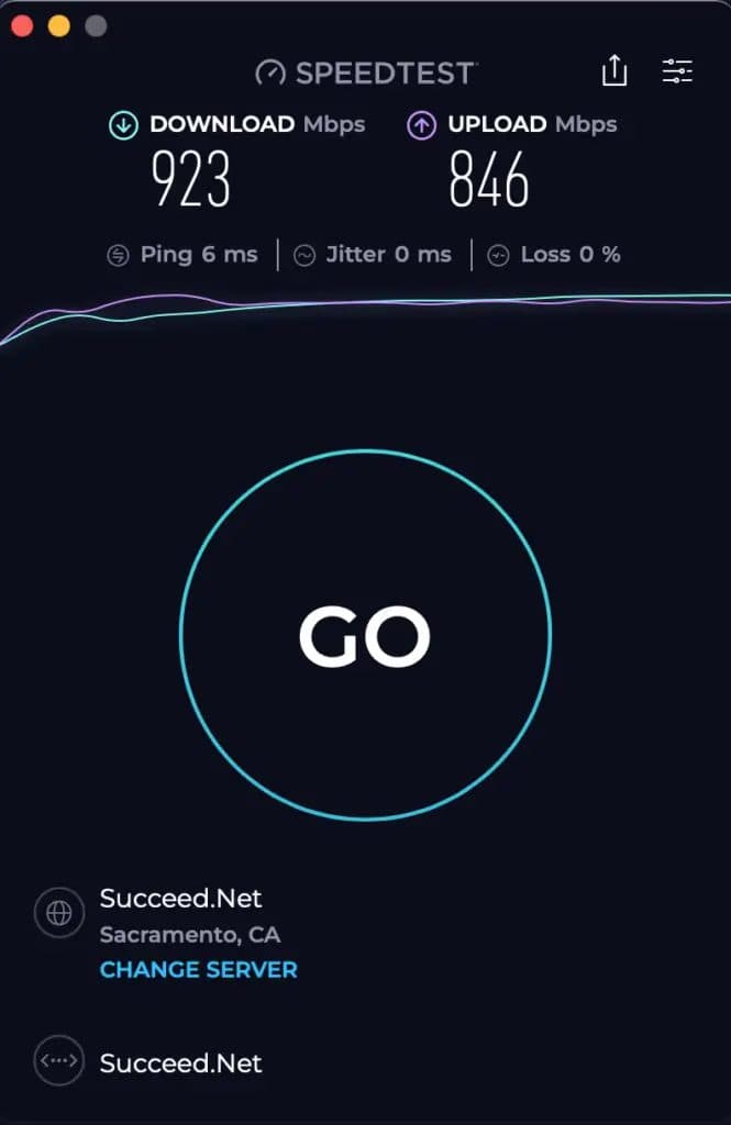 Speed test showing about 923 Mbps download and 846 Mbps upload