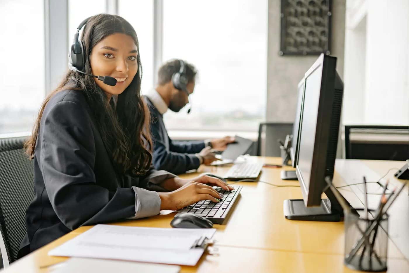 Support agent wearing a headset